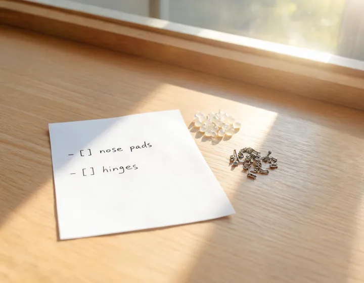 Desk review of unlabeled glasses parts beside a sourcing checklist