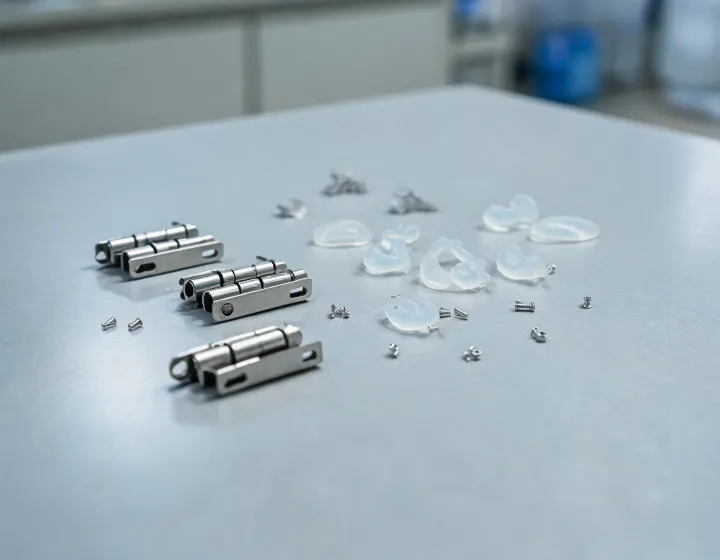 Unlabeled eyewear hinges and nose pads arranged on an optical workbench