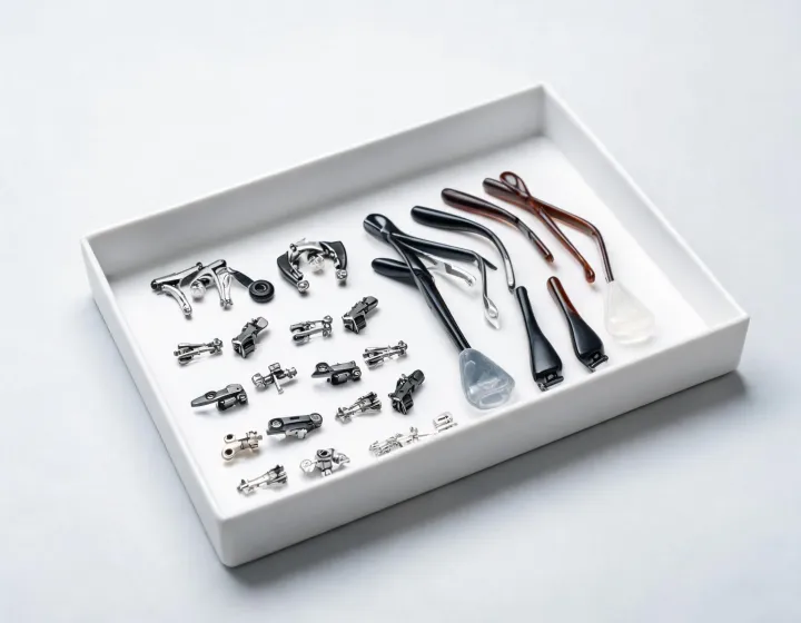 Sunglass hinge and temple tip parts staged for a wholesale quote brief
